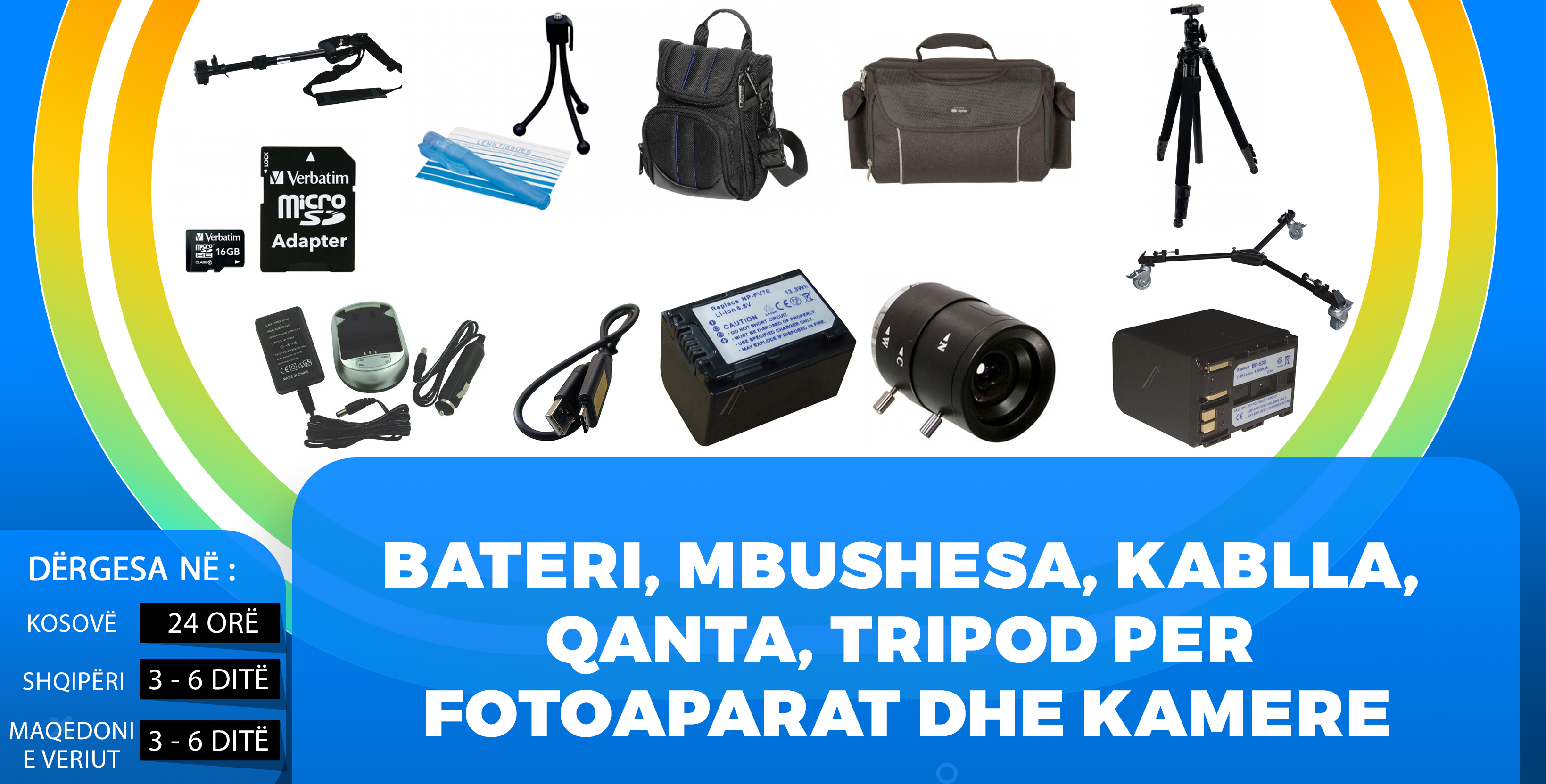 Bateri, mbushesa, kablla, qanta, tripod per fotoaparat dhe kamere
